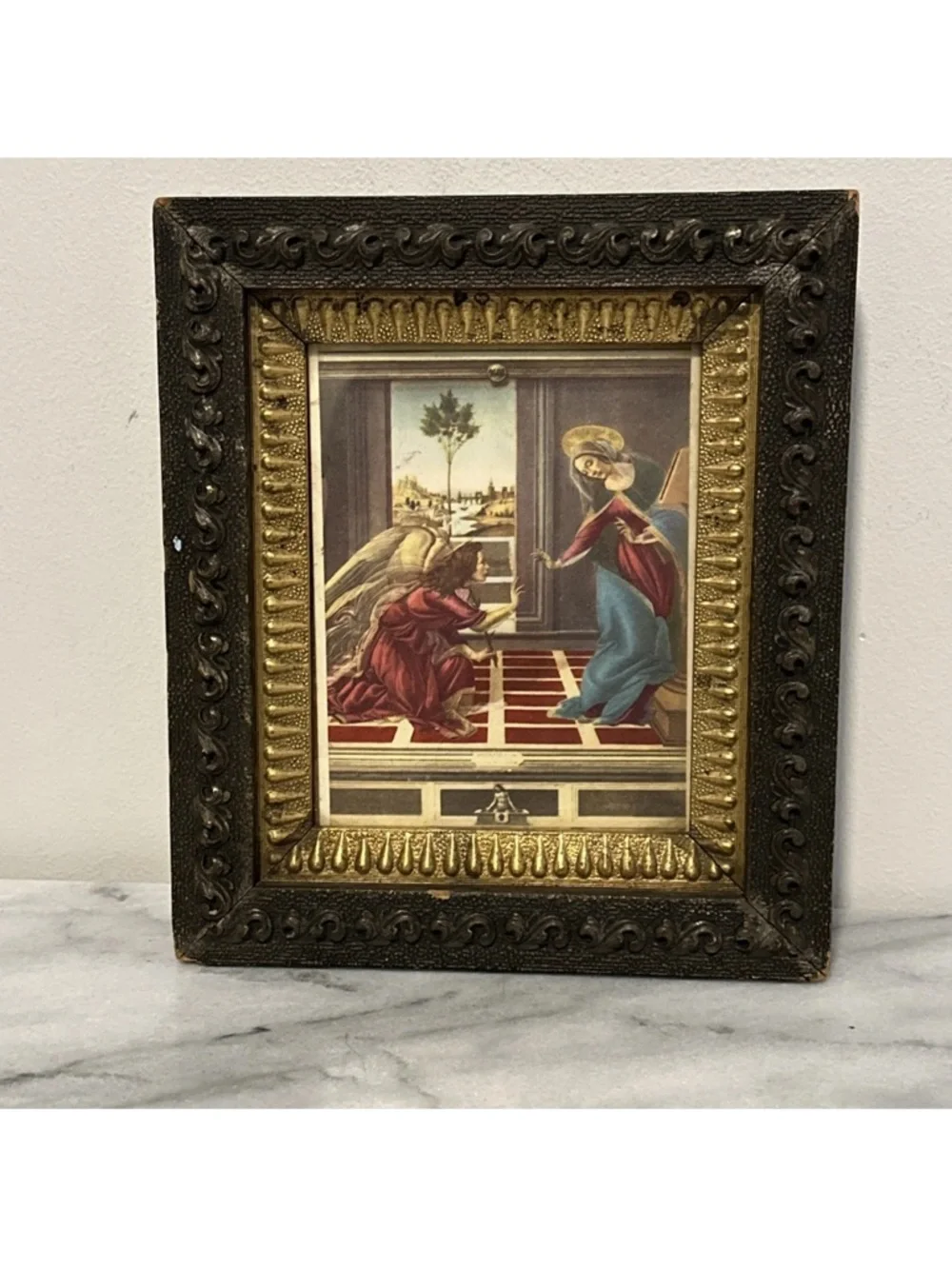 Antique Cestello Annunciation, by Sandro Botticelli Print Framed Carved Wood
